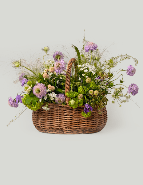 AMETISTA FLOWER BOX Viburno, scabiosa lilla, clematis e verdi leggeri
