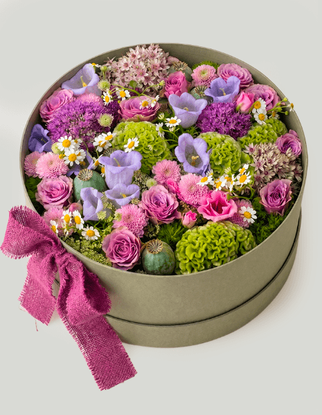 AURA FLOWER BOX Verde salvia con fiori primaverili nei toni rosa, lilla e verde acido