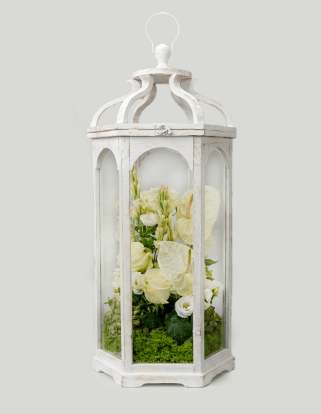 LUCE FLOWER BOX Lanterna rose Mondial, anthurium ed eremurus