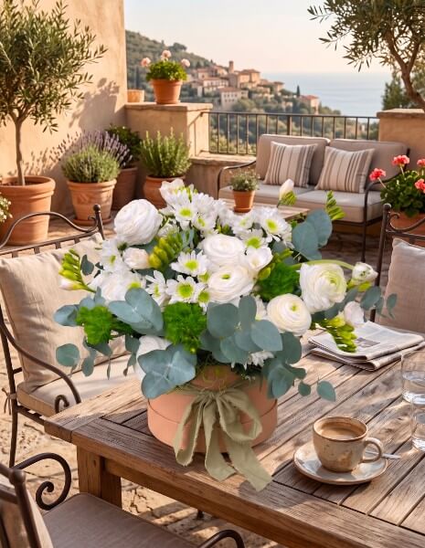 SMERALDO FLOWER BOX Ranuncoli bianchi, fresie bianche, Green Trick, margherite ed eucalipto