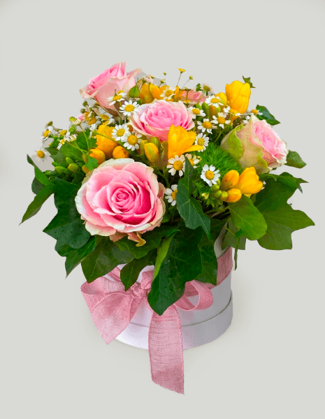 CAPRI FLOWER BOX Rose rosa, fresie gialle, camomilla ed edera