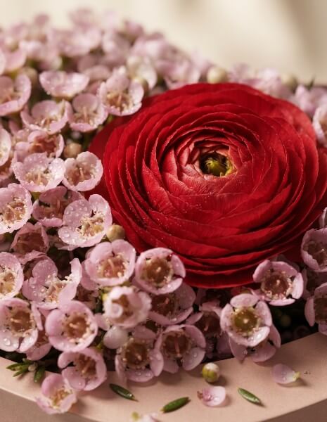 AURORA FLOW BOX S - Cuore in carta naturale con ranuncoli rossi, wax flower e chamelaucium