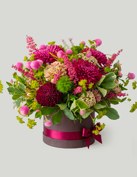 PRALINE FLOWER BOX Toni fucsia con crisantemi, garofani, gomphrena e bupleurum