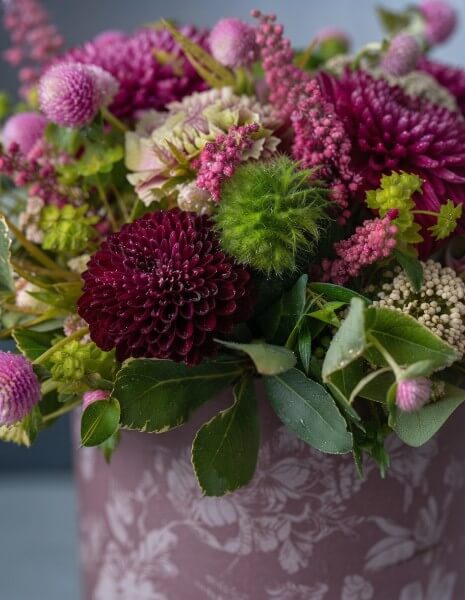 PRALINE FLOWER BOX Toni fucsia con crisantemi, garofani, gomphrena e bupleurum