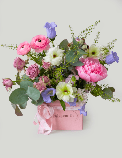 PEONIA FLOWER BOX Peonie, campanule, ranuncoli Butterfly, roselline ramificate 