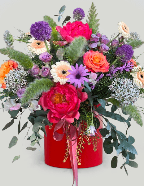 BLOOM FLOWER BOX Maxi peonie, gerbere, aglio ornamentale, roselline ramificate e mix di verdi