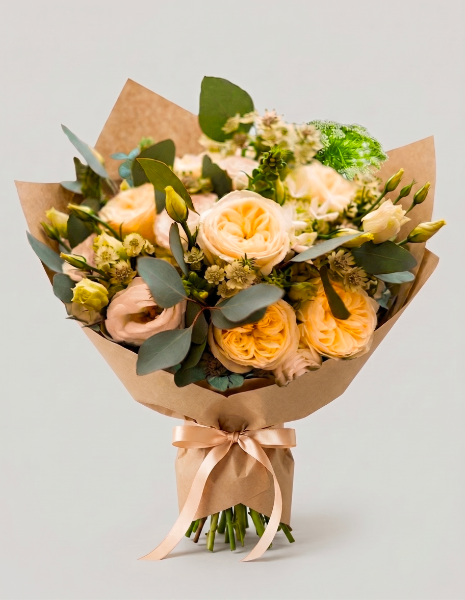 BOUQUET ELIZABETH Rose inglesi color crema con lisianthus bianchi, astrantia, ammi visnaga