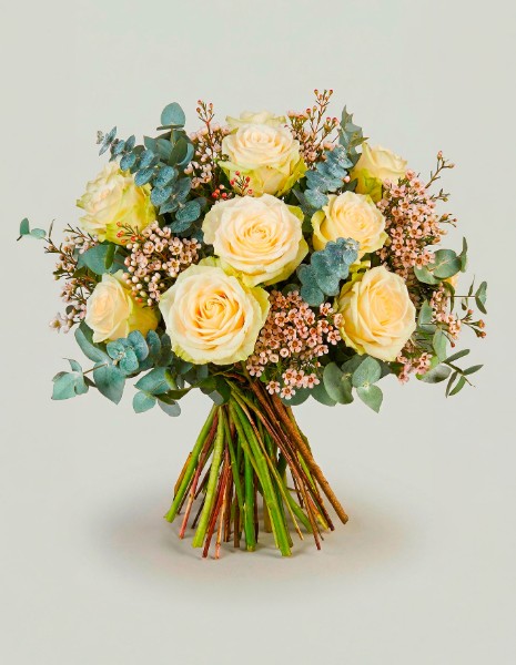 Bouquet Bruna con rose e wax flower