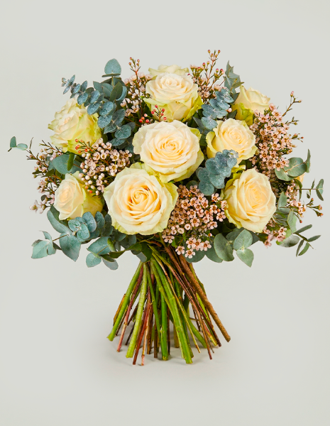 BOUQUET BRUNA Rose bianche Mondial con eucalipto e wax flower rosa
