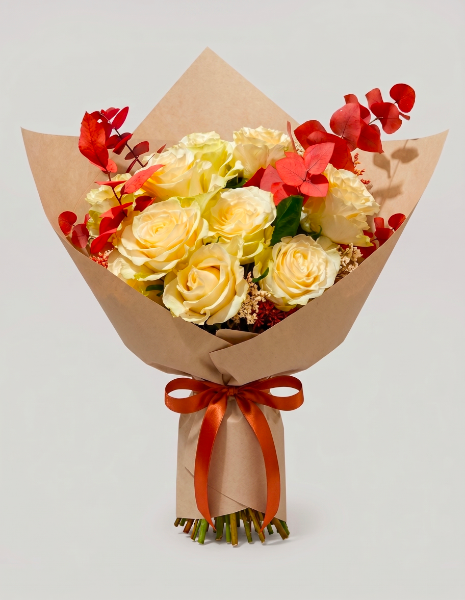 BOUQUET FEDERICA Rose bianche Mondial con eucalipto stabilizzato