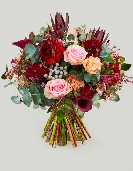 BOUQUET ALTEA Rose rosa e pesca con sfumature autunnali e brunea grigia