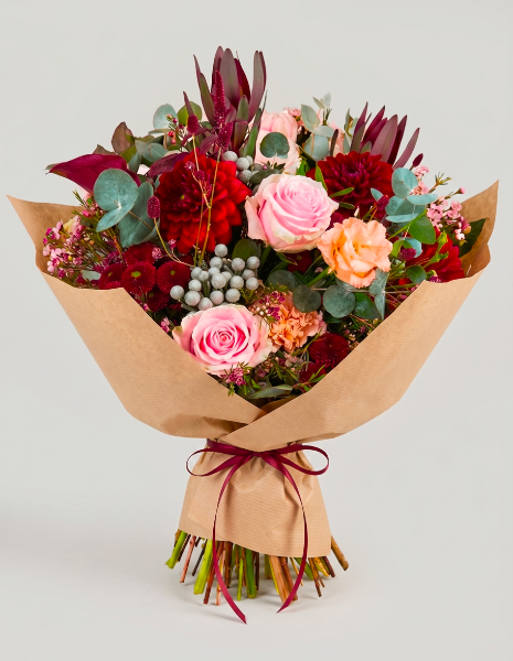 BOUQUET ALTEA Rose rosa e pesca con sfumature autunnali e brunea grigia