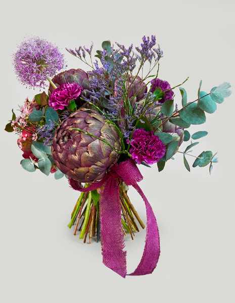 BOUQUET ANNA Fiore di carciofo con fiori di aglio, limonium lilla e garofani fucsia