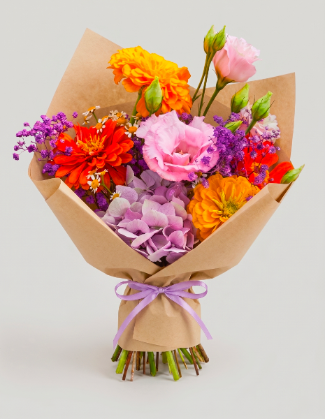 BOUQUET ANNALISA Zinnie dai colori accesi con ortensia lilla, lisianthus e gypsophila