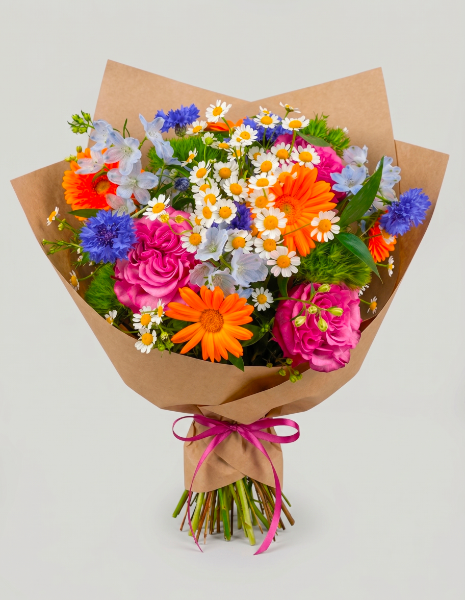 BOUQUET CAMILLA Rose fucsia con prevalenza di camomilla, gerbere tipo margherita e calendula