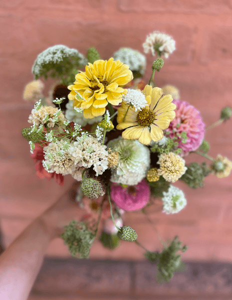BOUQUET CATERINA Zinnie dai colori rosa, arancio e giallo con fiori di carota e scabiosa