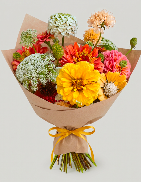 BOUQUET CATERINA Zinnie dai colori rosa, arancio e giallo con fiori di carota e scabiosa