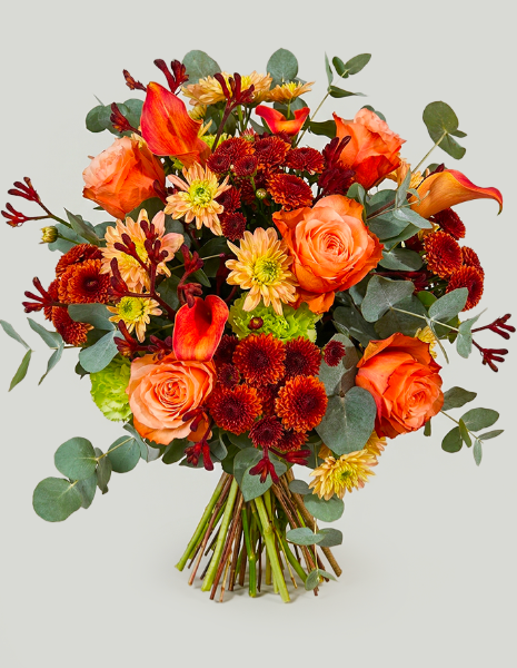 BOUQUET CLOE rose arancio “Cala”, calle arancio, anigozanthos ed elementi floreali bronzo
