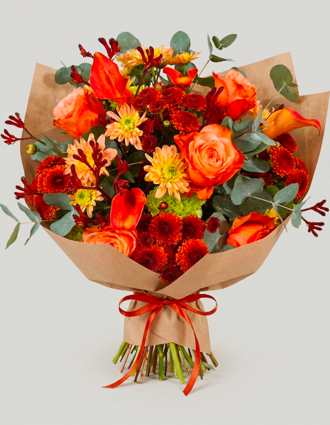 BOUQUET CLOE | S - rose arancio “Cala”, calle arancio, anigozanthos ed elementi floreali bronzo