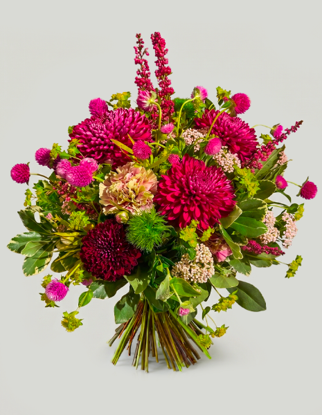 BOUQUET CLIZIA Crisantemi fucsia, garofani, gomphrena fucsia e bupleurum