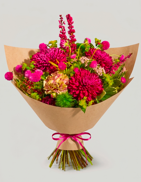 BOUQUET CLIZIA Crisantemi fucsia, garofani, gomphrena fucsia e bupleurum