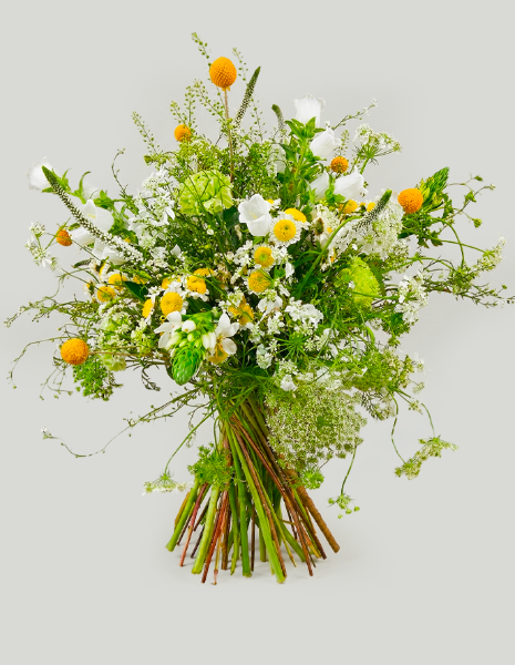 BOUQUET ELEONORA Bianco, verde con tocchi gialli, fiori piccoli e campanule bianche