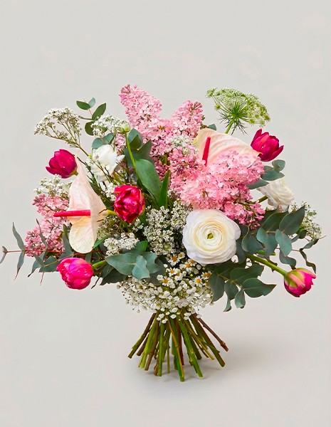 Bouquet Elisabetta con anthurium bianco, tulipani fucsia e piccoli fiori delicati