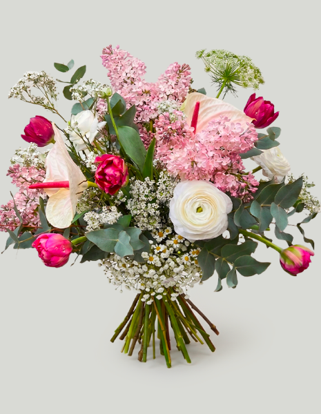 BOUQUET ELISABETTA Anthurium bianco, ranuncolo, Syringa vulgaris e tulipani doppi fucsia