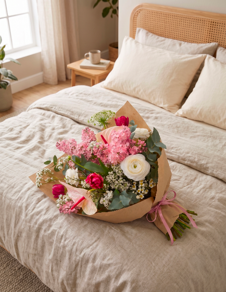 BOUQUET EROSIA Anthurium bianco, ranuncolo, Syringa vulgaris e tulipani doppi fucsia
