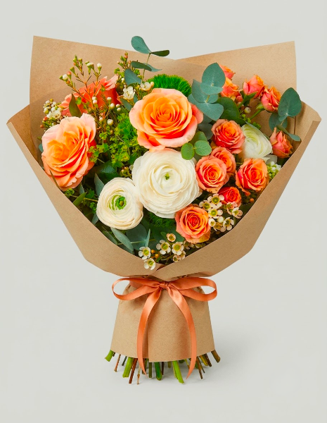 	 BOUQUET ELSA Ranuncoli tenui e pesca con rose ramificate, wax flower ed eucalipto