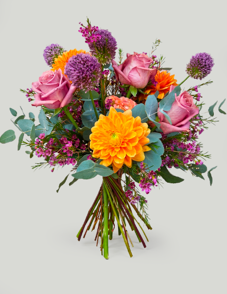 BOUQUET GLENDA Dalia arancio, rose fucsia, fiori di aglio, limonium e wax flower