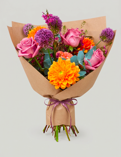 BOUQUET GLENDA Dalia arancio, rose fucsia, fiori di aglio, limonium e wax flower