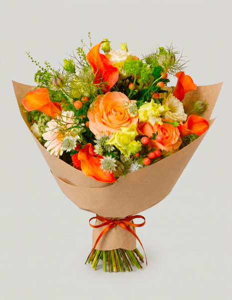 BOUQUET ILARIA Rose pesca con calle arancio, viburno, bacche decorative e nigella