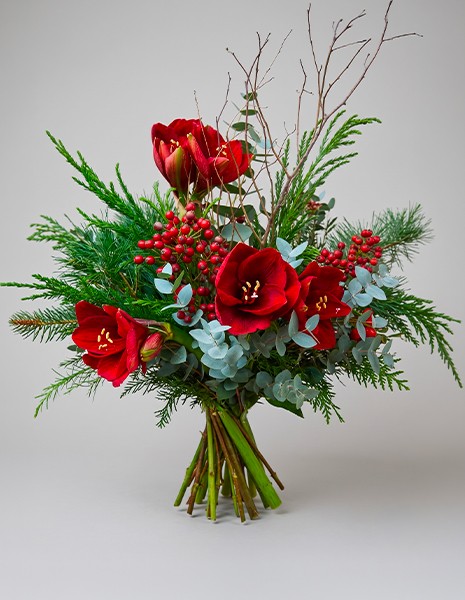 Bouquet Lia natalizio con amaryllis rossi e bacche