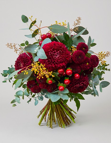 Bouquet Livia con gerbere bordeaux e bacche