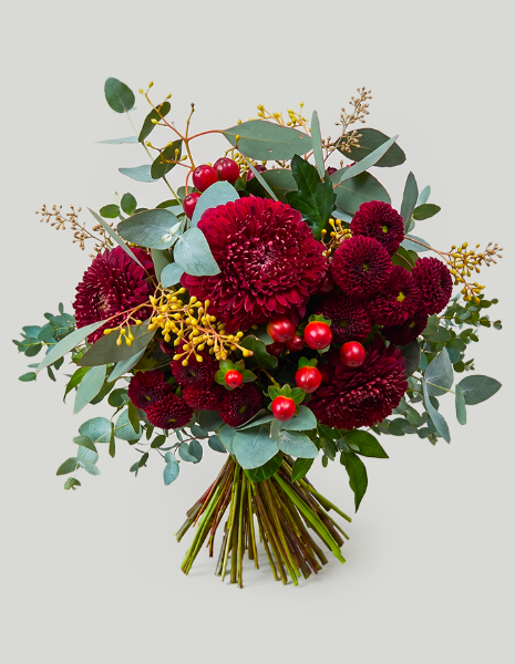 BOUQUET LIVIA Gerbere bordeaux con bacche rosse ed eucalipto a bacca