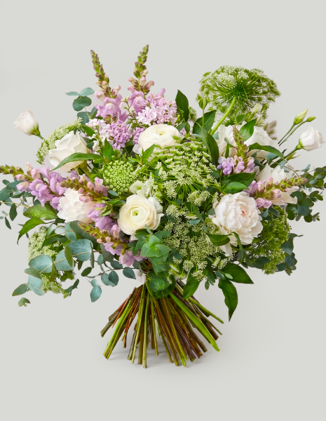 BOUQUET MORGANA Ranuncoli, violacciocche glicine, ammi visnaga e lisianthus bianco