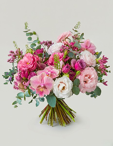 Bouquet Nausicaa con lisianthus rosa e orchidee