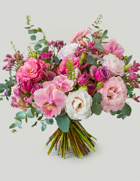 BOUQUET NAUSICAA Toni rosa-fucsia, lisianthus rosa tenue, orchidea rosa, limonium