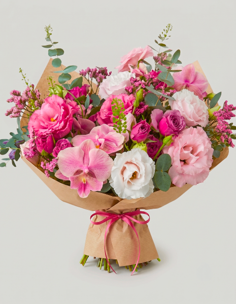  BOUQUET NAUSICAA Toni rosa-fucsia, lisianthus rosa tenue, orchidea rosa, limonium