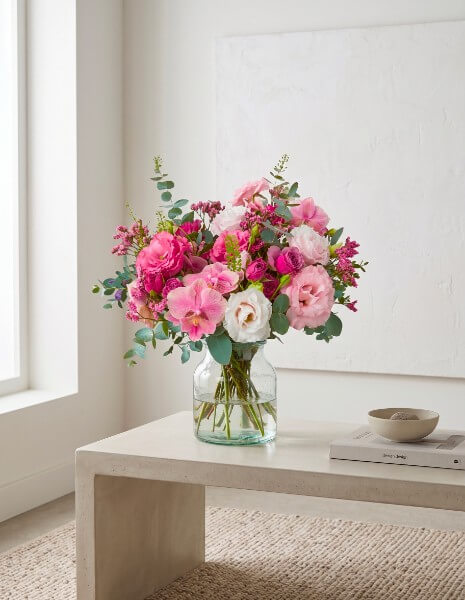  BOUQUET NAUSICAA Toni rosa-fucsia, lisianthus rosa tenue, orchidea rosa, limonium