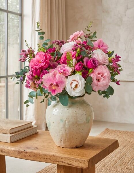  BOUQUET NAUSICAA Toni rosa-fucsia, lisianthus rosa tenue, orchidea rosa, limonium