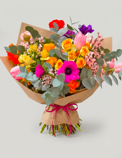 	 BOUQUET PAULA Tulipani rosa, anemoni fucsia, lilla e rossi, roselline, papaveri e ginestra
