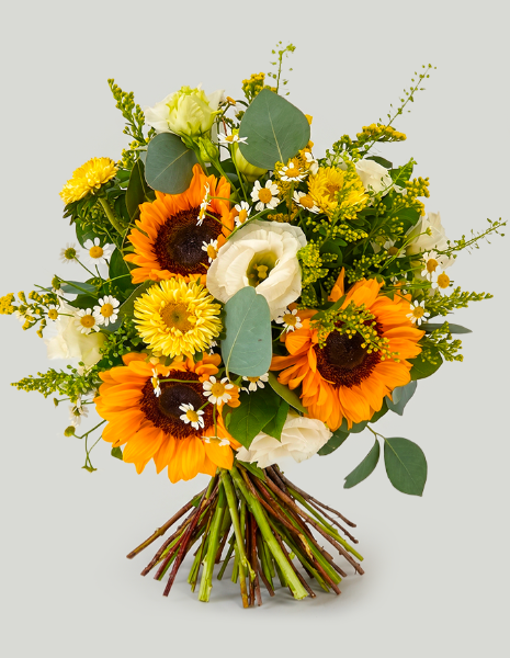 BOUQUET SOLE Girasoli con camomilla, solidago, margherite gialle e lisianthus bianco