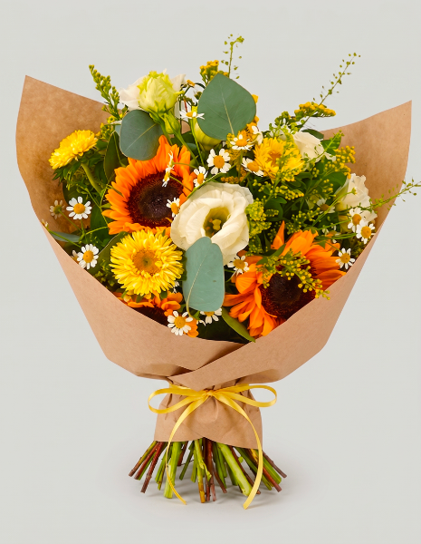 BOUQUET SOLE | S - Girasoli con camomilla, solidago, margherite gialle e lisianthus bianco