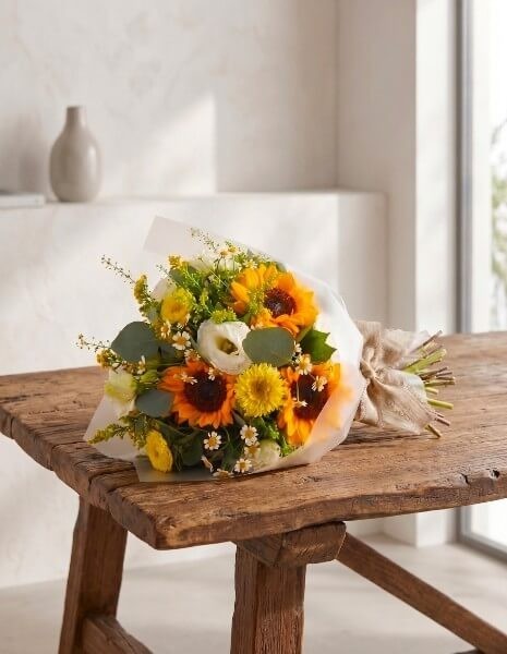 BOUQUET SOLE | S - Girasoli con camomilla, solidago, margherite gialle e lisianthus bianco