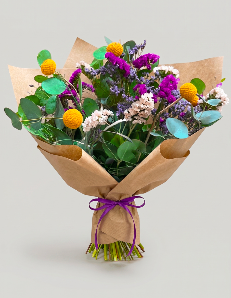 BOUQUET TECLA Bouquet durevole con limonium, craspedia, statice ed eucalipto