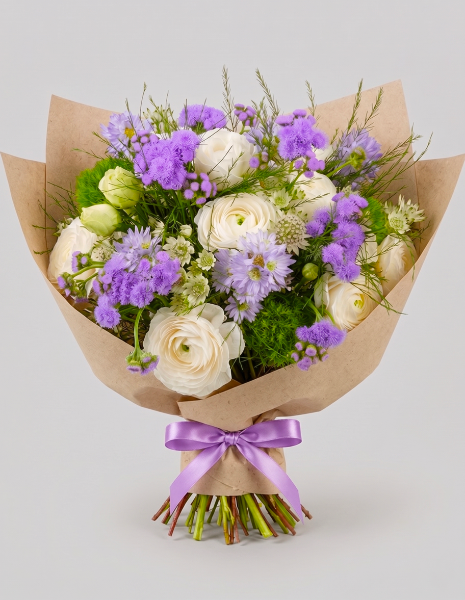 BOUQUET TOSCA | S - Toni rosa polvere e lilla con ranuncoli, fiori di campo e accenti verdi