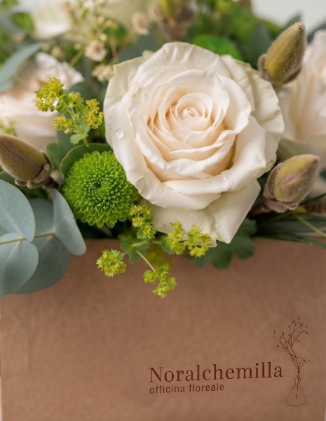 OPALE FLOWER BOX bianco-verde con rose bianche, magnolia, wax flower, santini e anigozanthos