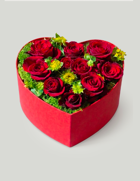 PORPORA FLOWER BOX Cuore rosso con rose rosse Explorer e verdi decorativi